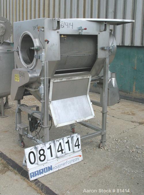 USED:Seasoning tumbler, 304 stainless steel. 25" diameter x 36" longhorizontal screen section. 15" diameter infeed section (no hopper),product end discharge with chute. Bottom coned seasoning outlet....
