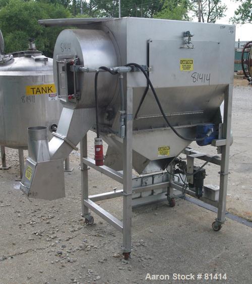 USED:Seasoning tumbler, 304 stainless steel. 25" diameter x 36" longhorizontal screen section. 15" diameter infeed section (no hopper),product end discharge with chute. Bottom coned seasoning outlet....
