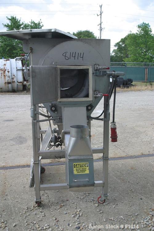 USED:Seasoning tumbler, 304 stainless steel. 25" diameter x 36" longhorizontal screen section. 15" diameter infeed section (no hopper),product end discharge with chute. Bottom coned seasoning outlet....