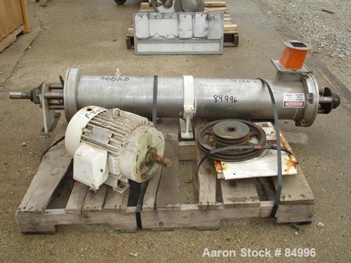Used Paddle Style Continuous Mixer, 431 Stainless Steel. 8" diameter x 50" long non-jacketed chamber, 2" diameter shaft with 1-1/2" wide x 1/4" thick screw in paddles. 4" x 4" top feed, 4" x 4" end b...