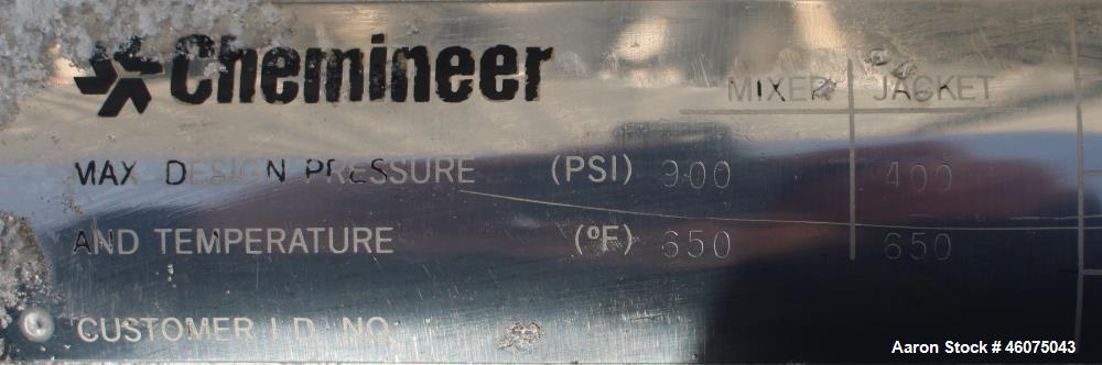 Used Chemineer Kenics Fixed Element Static Mixer, Model 4-KMS-10, Stainless Steel. Approximate 4" diameter x 57" long tube, rated 900 psi at 650 degrees F, jacket rated 400 psi at 650 degrees F. Seri...
