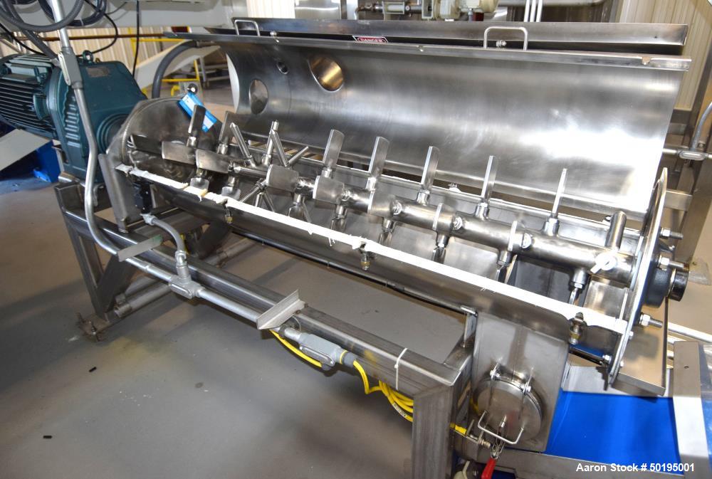 Used GEM Equipment Continuous Mixer, Stainless Steel. Clamshell non-jacketed chamber approximate 16" diameter x 65" long. Single shaft with approximate 2-1/2" wide x 3/8" thick paddles. Top end feed,...