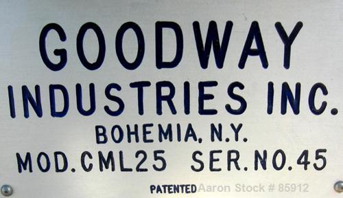 Used Goodway Industries Continuous Mixer, model CML25, 304 stainless steel. 10" diameter, jacketed stator, 2" triclamp inlet, 2" National Pipe Thread outlet. Driven by a 7-1/2 hp, 3/60/208-230/460 vo...