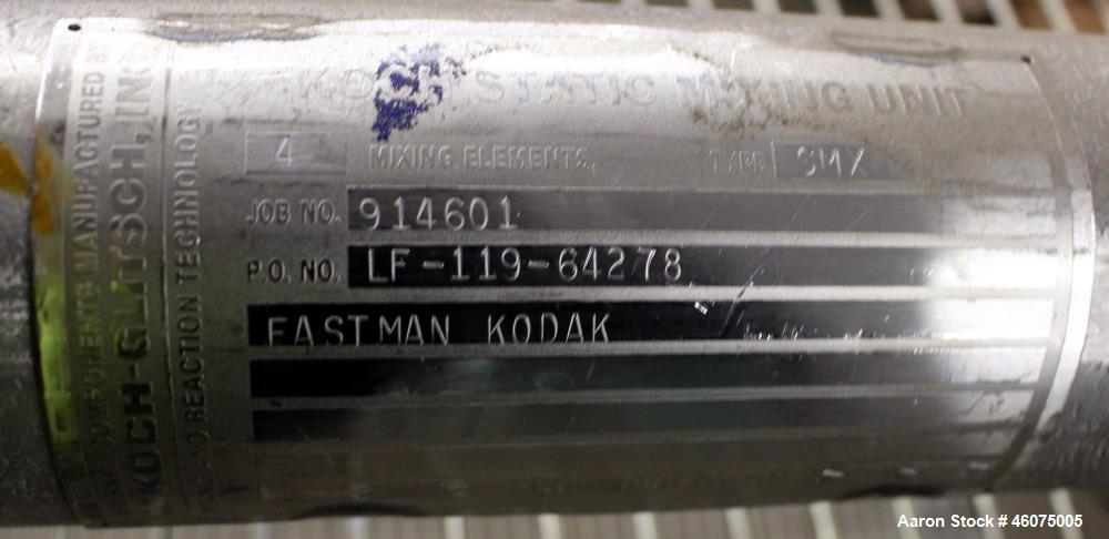 Used Koch-Glitsch Static Mixer, Type SMX, 316 Stainless Steel. (4) Mixing elements, approximate 2-1/2" diameter x 14" long chamber, 1-1/2" tri-clamp inlet/outlet. Job#914601.