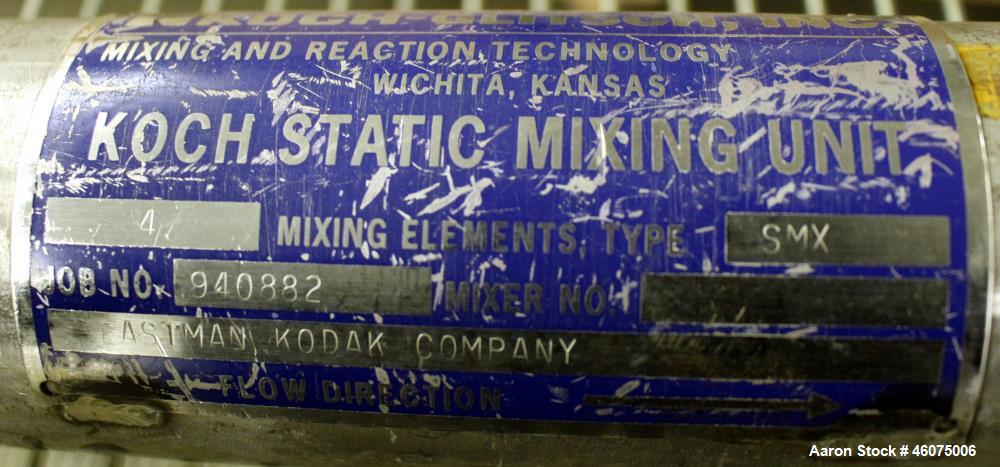 Used Koch-Glitsch Static Mixer, Type SMX, Stainless Steel. (4) Mixing elements, approximate 2-1/2" diameter x 12" long chamber, 1-1/2" tri-clamp inlet/outlet. Job#916043.