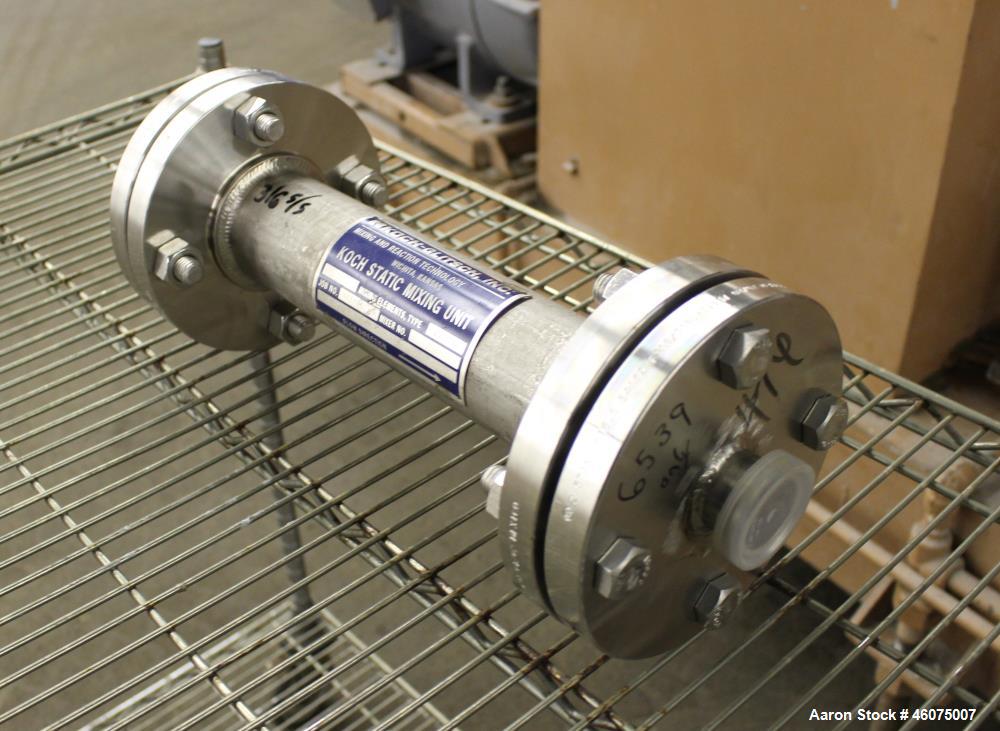 Used Koch-Glitsch Static Mixer, Type SMX, Stainless Steel. (4) Mixing elements, approximate 2-1/2" diameter x 14" long chamber, 1-1/2" tri-clamp inlet/outlet. Job#914601.