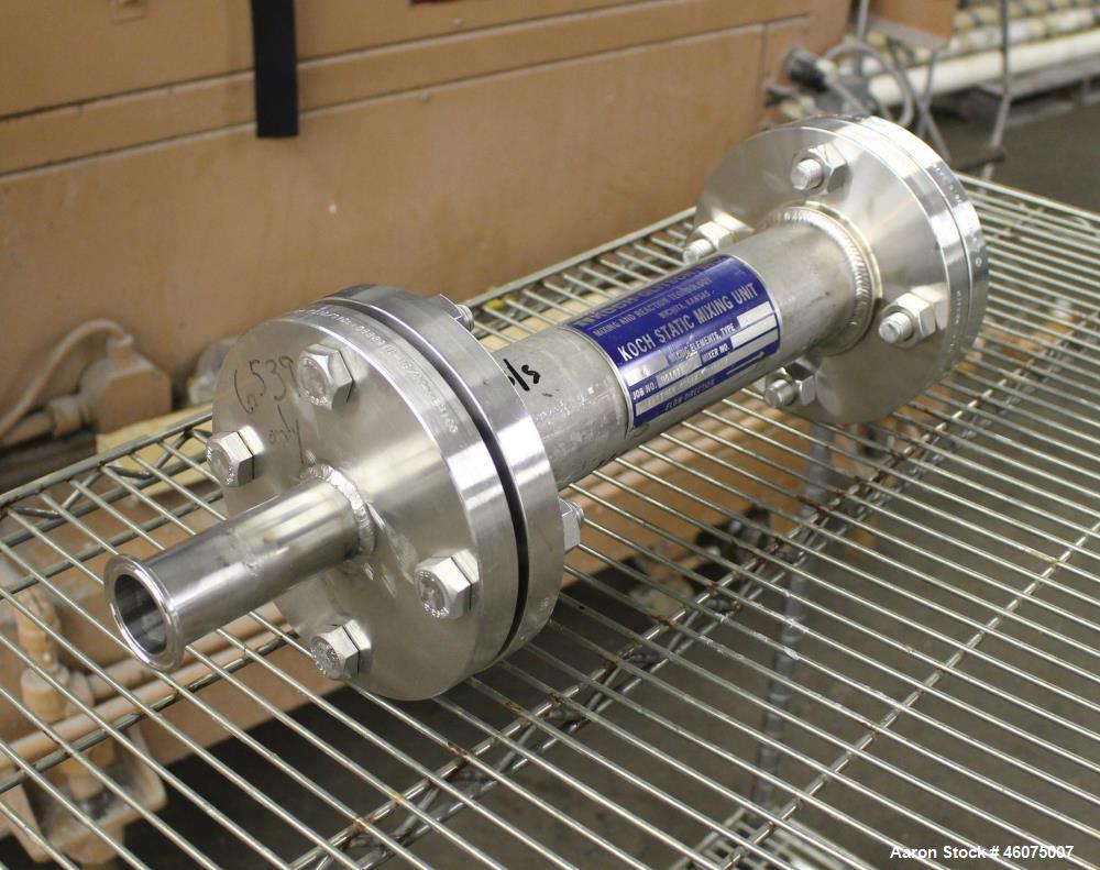 Used Koch-Glitsch Static Mixer, Type SMX, Stainless Steel. (4) Mixing elements, approximate 2-1/2" diameter x 14" long chamber, 1-1/2" tri-clamp inlet/outlet. Job#914601.