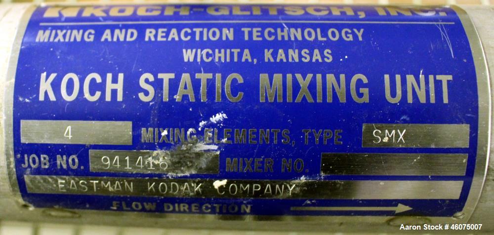 Used Koch-Glitsch Static Mixer, Type SMX, Stainless Steel. (4) Mixing elements, approximate 2-1/2" diameter x 14" long chamber, 1-1/2" tri-clamp inlet/outlet. Job#914601.