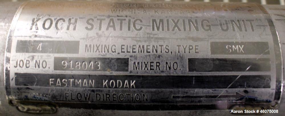 Used Koch-Glitsch Static Mixer, Type SMX, Stainless Steel. (4) Mixing elements, approximate 2-1/2" diameter x 14" long chamber, 1-1/2" tri-clamp inlet/outlet. Job#941416.
