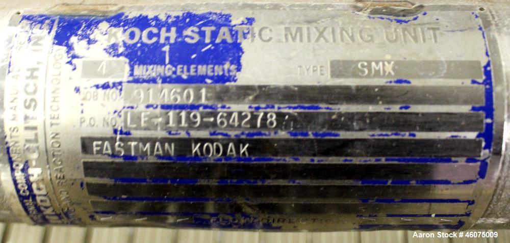 Used Koch-Glitsch Static Mixer, Type SMX, Stainless Steel. (4) Mixing elements, approximate 2-1/2" diameter x 14" long chamber, 1-1/2" tri-clamp inlet/outlet. Job#940882.