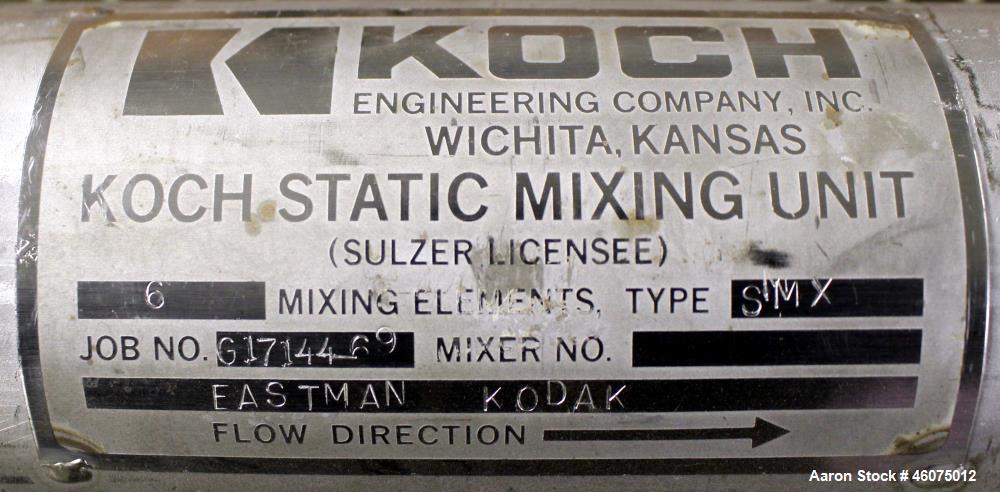 Used Koch-Glitsch Static Mixer, Type SMX, Stainless Steel. (6) Mixing elements, approximate 3-1/2" diameter x 20" long chamber. 3-1/2" Inlet/outlet. Job#G17144-69.