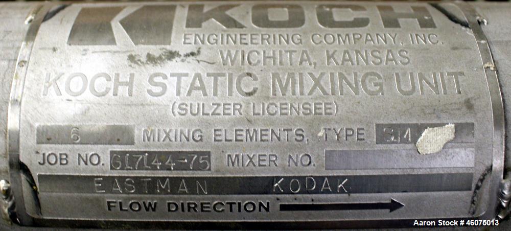 Used Koch-Glitsch Static Mixer, Type SMX, Stainless Steel. (6) Mixing elements, approximate 3-1/2" diameter x 20" long chamber. 3-1/2" Inlet/outlet. Job#G17144-75.