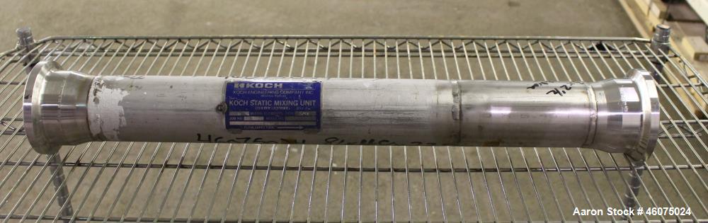 Used Koch-Glitsch Static Mixer, Type SMX, Stainless Steel. (6) Mixing elements, approximate 3-1/2" diameter x 20" long chamber. 3-1/2" Inlet/outlet. Job#G35400-04.