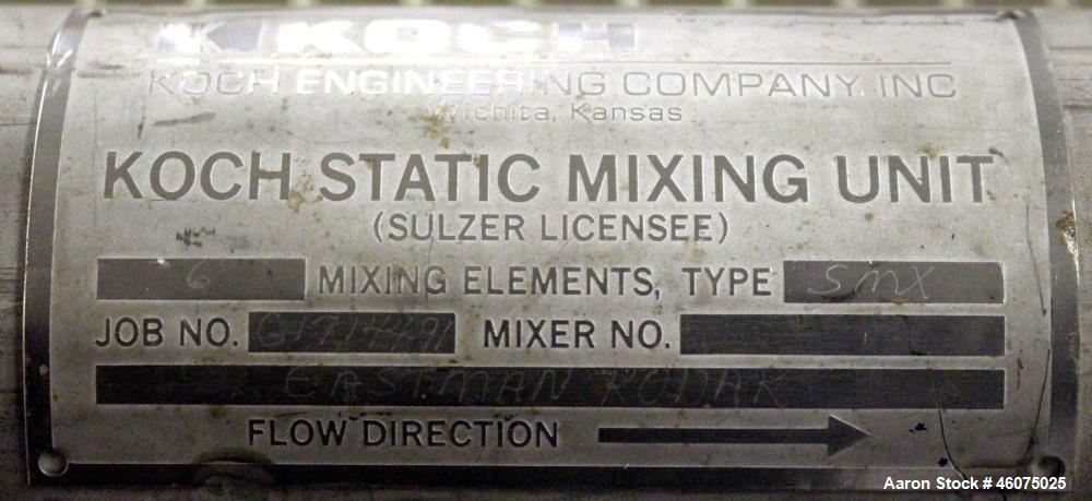 Used Koch-Glitsch Static Mixer, Type SMX, Stainless Steel. (6) Mixing elements, approximate 3-1/2" diameter x 20" long chamber. 3-1/2" Inlet/outlet. Job#G17144-91.