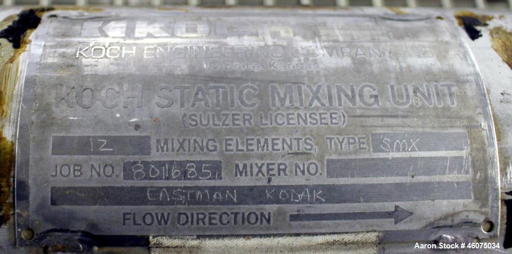 Used Koch-Glitsch Static Mixer, Type SMX, Stainless Steel. (12) Mixing elements, approximate 3-1/2" diameter x 48" long. 3-1/2" Inlet/outlet. Job#801685.