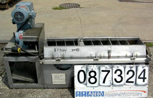 Used Dual Shaft Continuous Screw Blender, 304 Stainless Steel. (2) 8" Diameter x 44" long screws. Clamshell design non-jacketed trough. Top end feed, end bottom discharge. Driven by a 1 HP, 3/60/230/...
