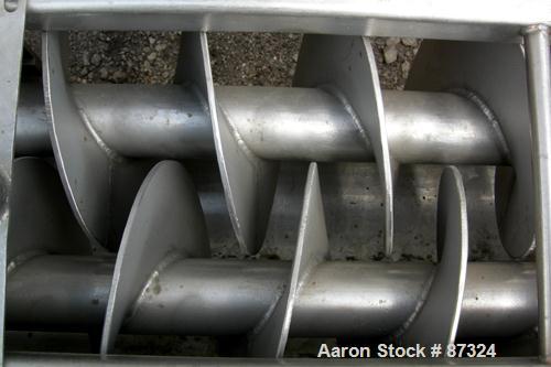 Used Dual Shaft Continuous Screw Blender, 304 Stainless Steel. (2) 8" Diameter x 44" long screws. Clamshell design non-jacketed trough. Top end feed, end bottom discharge. Driven by a 1 HP, 3/60/230/...