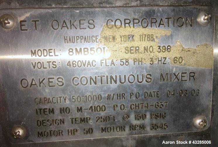 Used Stainless Steel Oakes Continuous Mixer, Model 8MB501