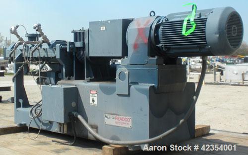 Used Readco 5" Twin Shaft Continuous Processor, Stainless Steel. (2) 5" Shafts with HS-6 Cobalt based screw segments. 316 Stainless steel jacketed clamshell design barrel rated 150 psi at 20-650 deg ...