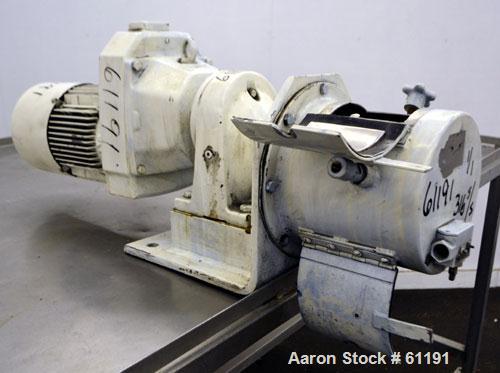 Used Teledyne Readco Batch Type Pin Mixer, Model TR8-8, 316 Stainless Steel. 8" Diameter x 8” long non-jacketed horizontal chamber. Approximate 2” diameter shaft with 5/8” diameter pins. (2) 1/4” NPT...