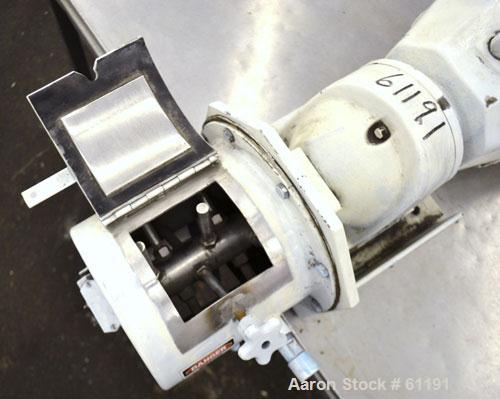 Used Teledyne Readco Batch Type Pin Mixer, Model TR8-8, 316 Stainless Steel. 8" Diameter x 8” long non-jacketed horizontal chamber. Approximate 2” diameter shaft with 5/8” diameter pins. (2) 1/4” NPT...