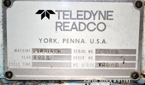 Used Teledyne Readco Batch Type Pin Mixer, Model TR8-8, 316 Stainless Steel. 8" Diameter x 8” long non-jacketed horizontal chamber. Approximate 2” diameter shaft with 5/8” diameter pins. (2) 1/4” NPT...