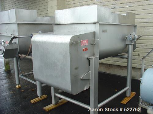 USED: Rietz twin shaft ribbon blender, model RS-18-K5405. All stainless steel construction, 1,000 pound capacity, (2) 18" diamete ribbons, single ribbons 2" wide x 7/16" thick, 36.5" wide x 5' long i...