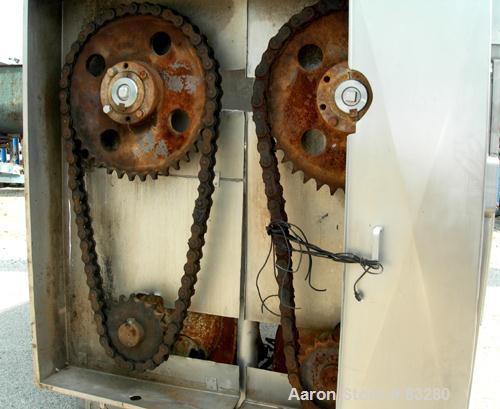 USED: Reitz dual shaft continuous screw blender, model RS-33-K5310. Approximate 800 pound capacity (150 cubic feet), 304 stainless steel. (2) 32" diameter x 10" pitch screws rated 14.9 psi at 250 deg...