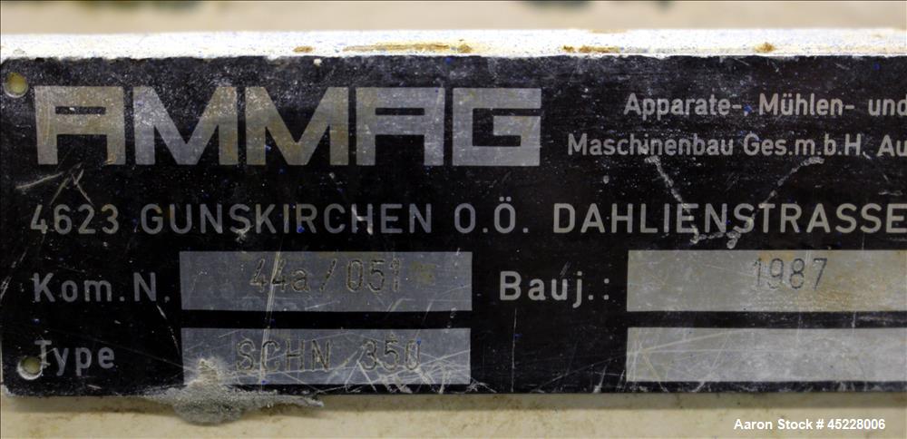 Used AMMAG Continuous Paddle Mixer, Model SCHN 350, 304 Stainless Steel. Trough approximate 106" long x 14-1/8" wide x 16" deep, with 304 stainless steel jacket. 304 stainless steel mixing blade appr...
