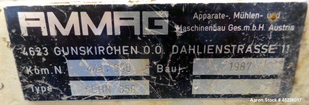 Used AMMAG Continuous Paddle Mixer, Model SCHN 350, 304 Stainless Steel. Trough approximate 187" long x 14-1/8" wide x 16" deep, with 304 stainless steel jacket. 304 stainless steel mixing blade appr...