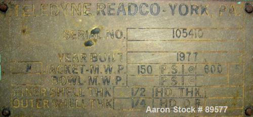 USED: Teledyne Readco 5" twin screw processor, 316 stainless steel. (2) 5" diameter x approximate 36" long shafts, clamshell design. Carbon steel jacketed chamber rated 150 psi at 300 deg F. 5" x 8" ...