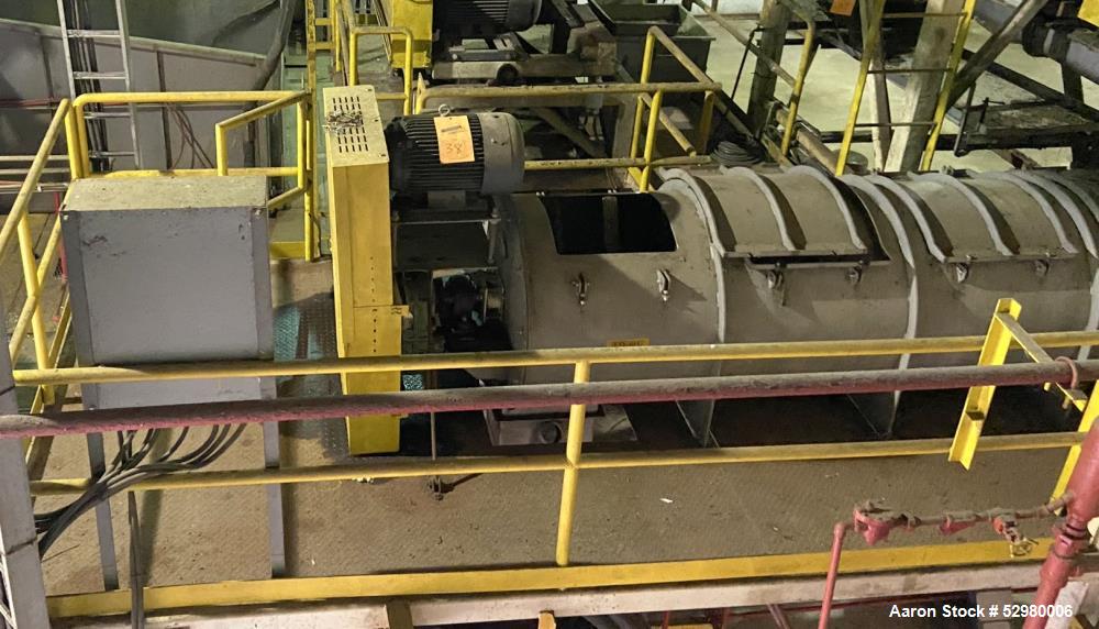 Used UAS/Wenger Paddle Horizontal shaft Pre-conditioner / Conditioning Drum, Stainless Steel. Approximately 36" diameter x 12' long. Equipped with top and bottom steam injection. Drive motor.