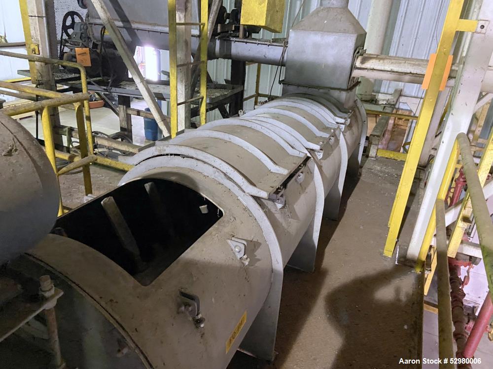 Used UAS/Wenger Paddle Horizontal shaft Pre-conditioner / Conditioning Drum, Stainless Steel. Approximately 36" diameter x 12' long. Equipped with top and bottom steam injection. Drive motor.