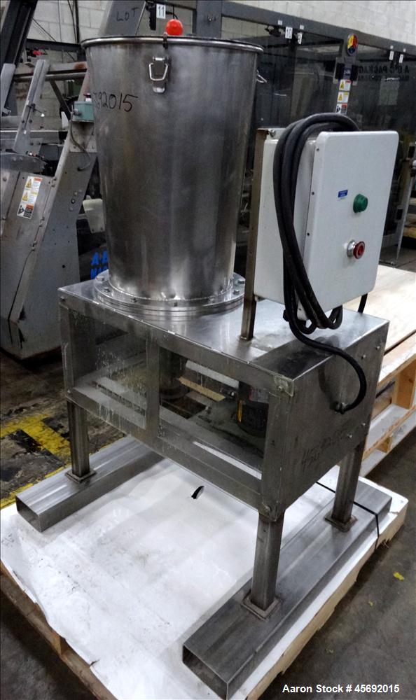 Used Fabricated Stainless Steel Mixing System, Approximately 25 gallons, Stainless Steel. 17-1/2" diameter x 25" straight side. (4) blade bottom mixer. Driven by 1.5Kw, 1725 rpm, 3/60/208-230/460 vol...