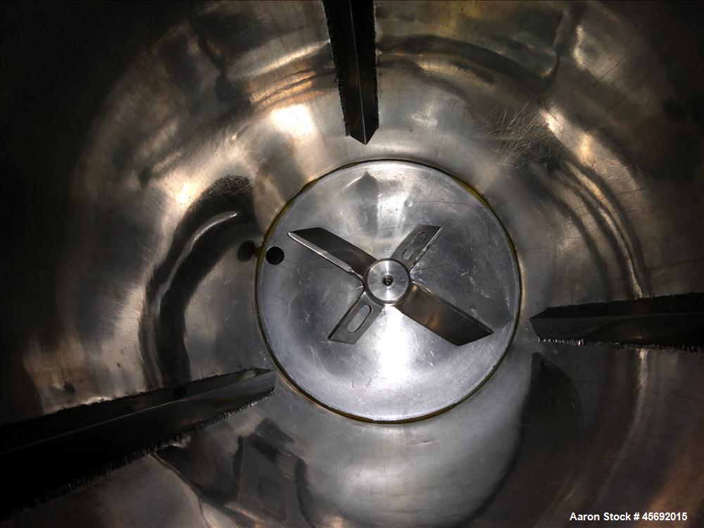 Used Fabricated Stainless Steel Mixing System, Approximately 25 gallons, Stainless Steel. 17-1/2" diameter x 25" straight side. (4) blade bottom mixer. Driven by 1.5Kw, 1725 rpm, 3/60/208-230/460 vol...