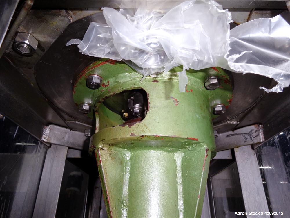 Used Fabricated Stainless Steel Mixing System, Approximately 25 gallons, Stainless Steel. 17-1/2" diameter x 25" straight side. (4) blade bottom mixer. Driven by 1.5Kw, 1725 rpm, 3/60/208-230/460 vol...