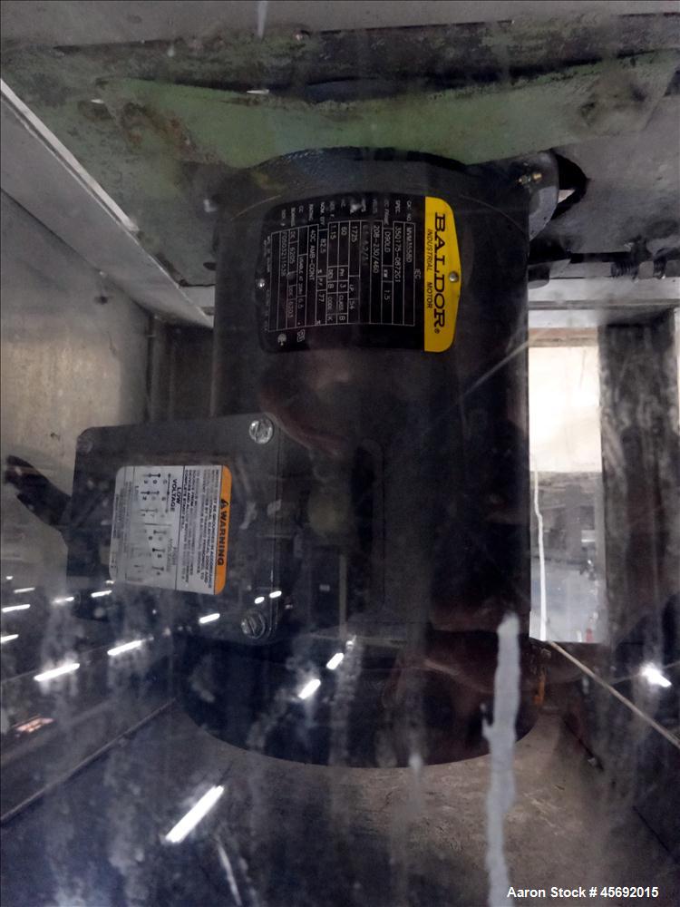 Used Fabricated Stainless Steel Mixing System, Approximately 25 gallons, Stainless Steel. 17-1/2" diameter x 25" straight side. (4) blade bottom mixer. Driven by 1.5Kw, 1725 rpm, 3/60/208-230/460 vol...