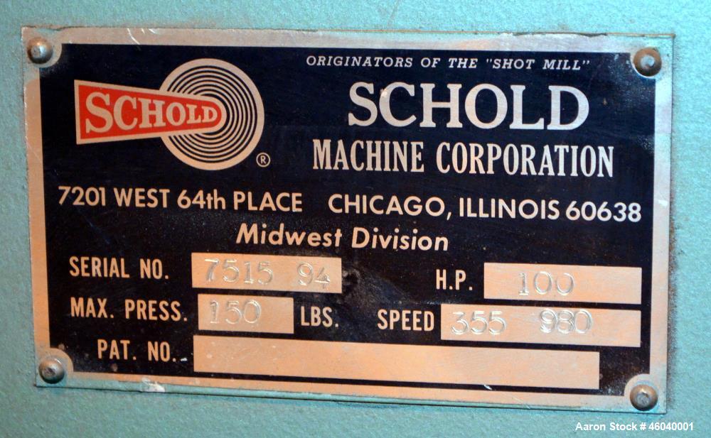 Used Schold High Shear Vertical Mixer, S/N 751594, 100 HP, 150 lbs. Max. Pressure, Speed 355 - 980, Pneumatic Elevation.  Includes 65 in. Dia. x 70 in. Deep Stainless Steel Vertical Mixing Tank, 15 i...
