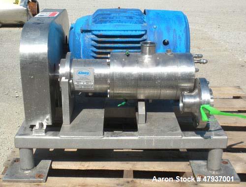 Used Admix Boston Shear Pump, Model BSM37-3-P, 316 Stainless Steel. Approximately 15 to 50 gallons per minute capacity, tip speed 115 feet per second. Approximate 4-1/4 diameter stator, 3 rotor. 2-1/...