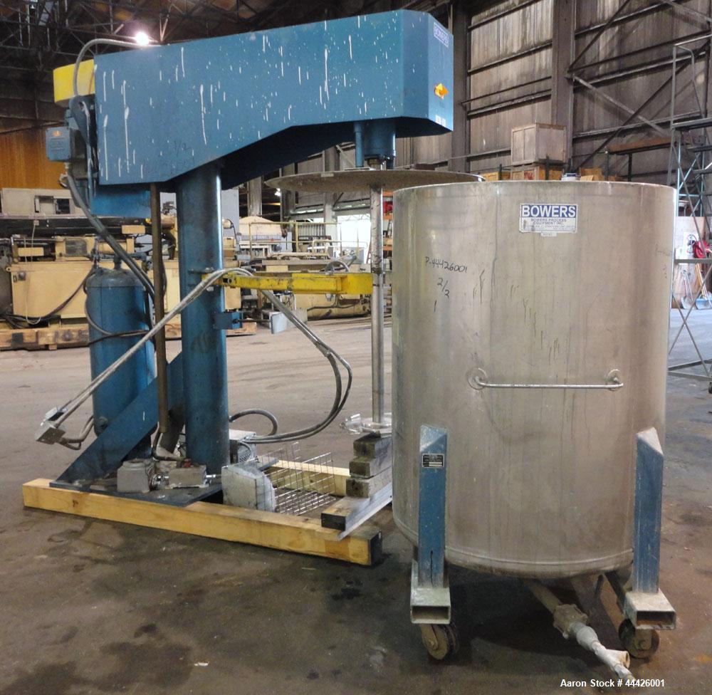 Used Bowers Disperser. 2-1/2" Diameter approximate 53" long 316 stainless steel shaft with a 304 stainless steel 18'' diameter saw tooth blade. Air/oil lift, adjustable tank holder. Driven by a 50 hp...