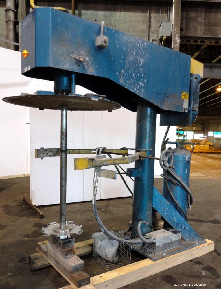 Used Bowers Disperser. 2-1/2" Diameter approximate 53" long 316 stainless steel shaft with a 304 stainless steel 18'' diameter saw tooth blade. Air/oil lift, adjustable tank holder. Driven by a 50 hp...
