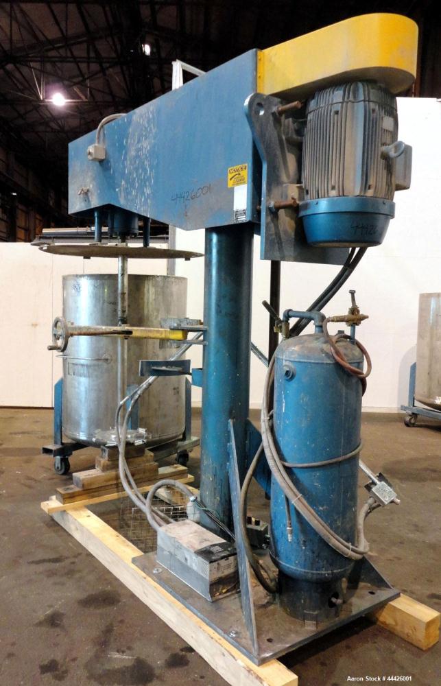 Used Bowers Disperser. 2-1/2" Diameter approximate 53" long 316 stainless steel shaft with a 304 stainless steel 18'' diameter saw tooth blade. Air/oil lift, adjustable tank holder. Driven by a 50 hp...