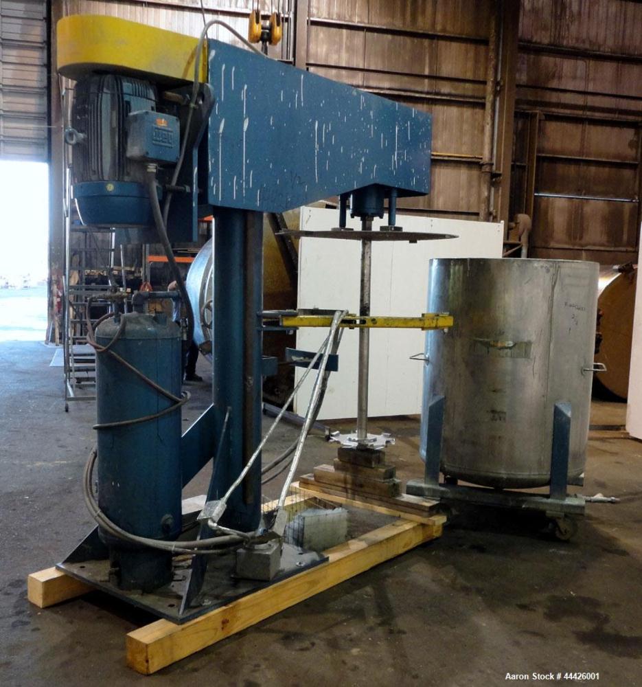 Used Bowers Disperser. 2-1/2" Diameter approximate 53" long 316 stainless steel shaft with a 304 stainless steel 18'' diameter saw tooth blade. Air/oil lift, adjustable tank holder. Driven by a 50 hp...