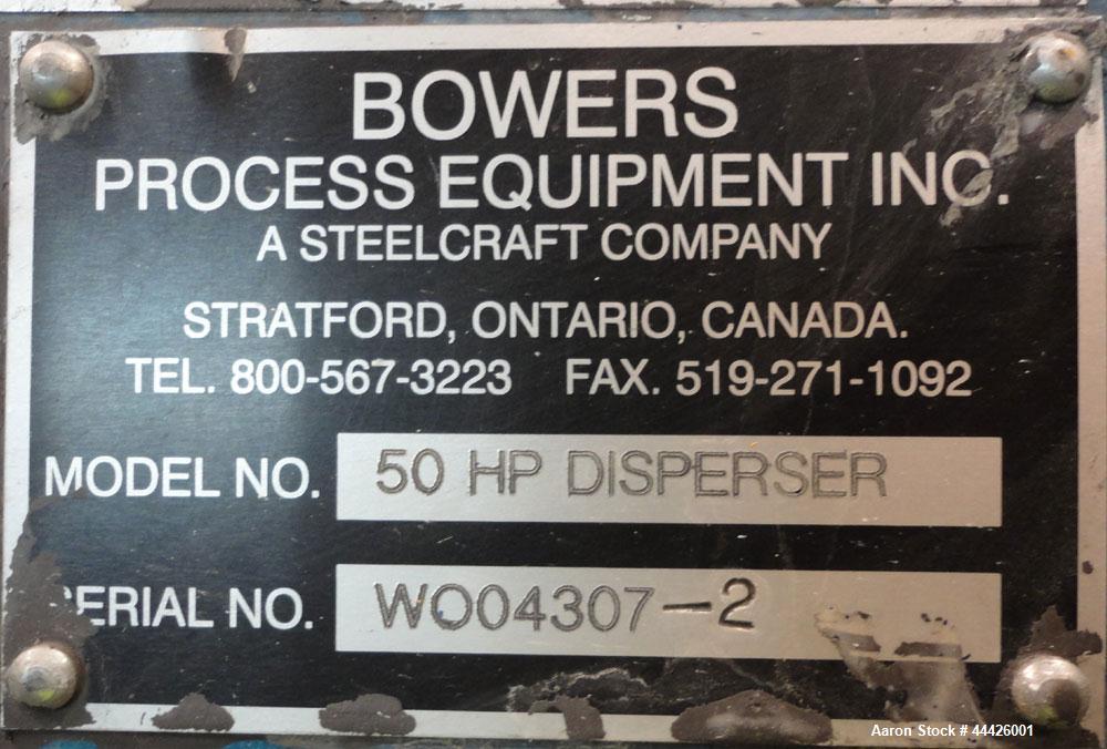 Used Bowers Disperser. 2-1/2" Diameter approximate 53" long 316 stainless steel shaft with a 304 stainless steel 18'' diameter saw tooth blade. Air/oil lift, adjustable tank holder. Driven by a 50 hp...