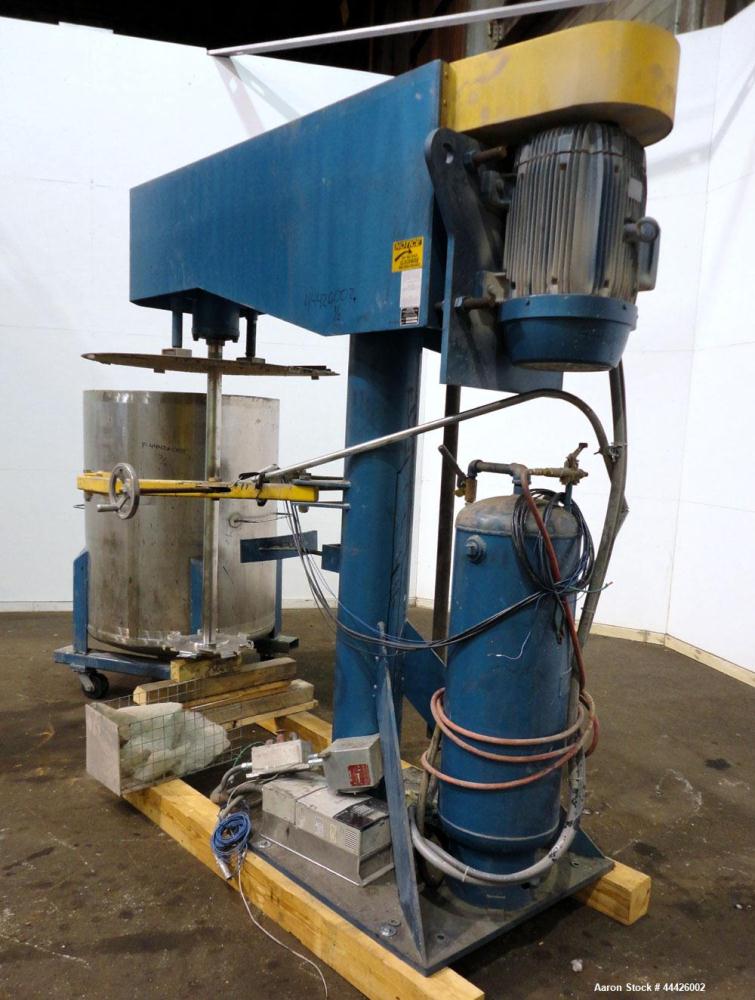 Used Bowers Disperser. 2-1/2” Diameter approximate 53” long 316 stainless steel shaft with a 304 stainless steel 18'' diameter saw tooth blade. Air/oil lift, adjustable tank holder. Driven by a 50hp,...