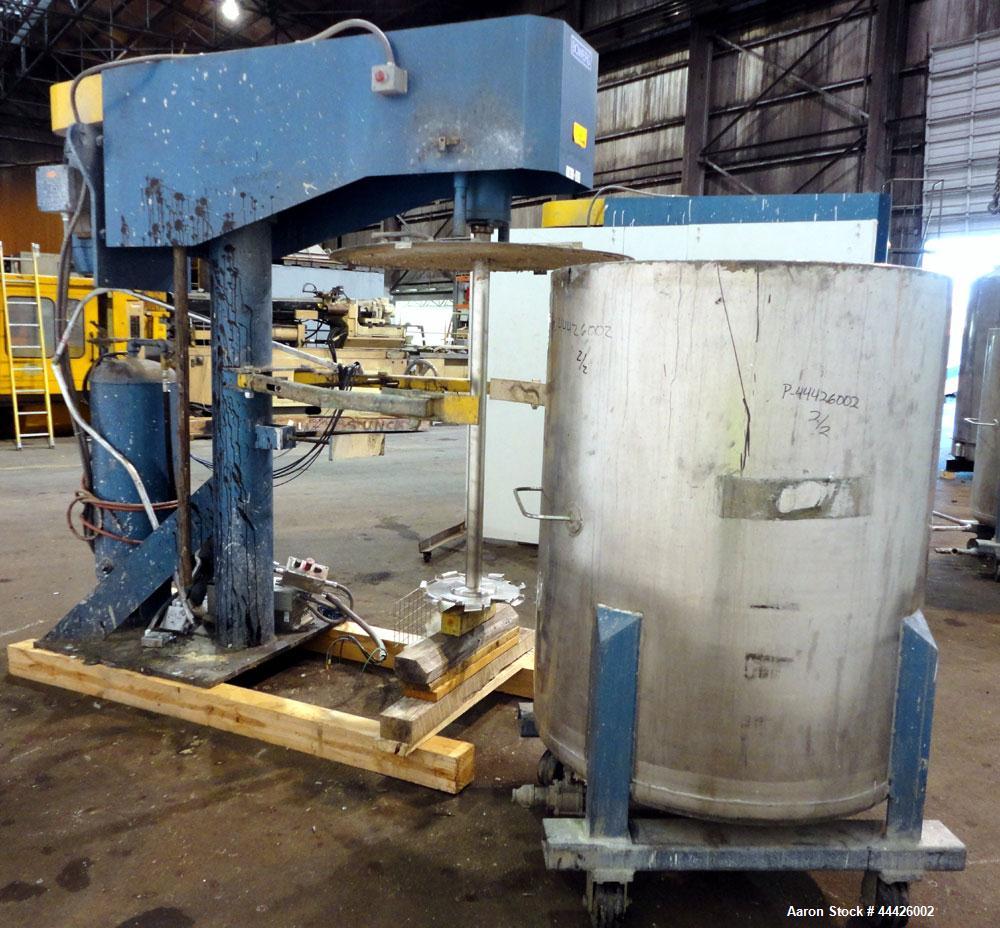 Used Bowers Disperser. 2-1/2” Diameter approximate 53” long 316 stainless steel shaft with a 304 stainless steel 18'' diameter saw tooth blade. Air/oil lift, adjustable tank holder. Driven by a 50hp,...