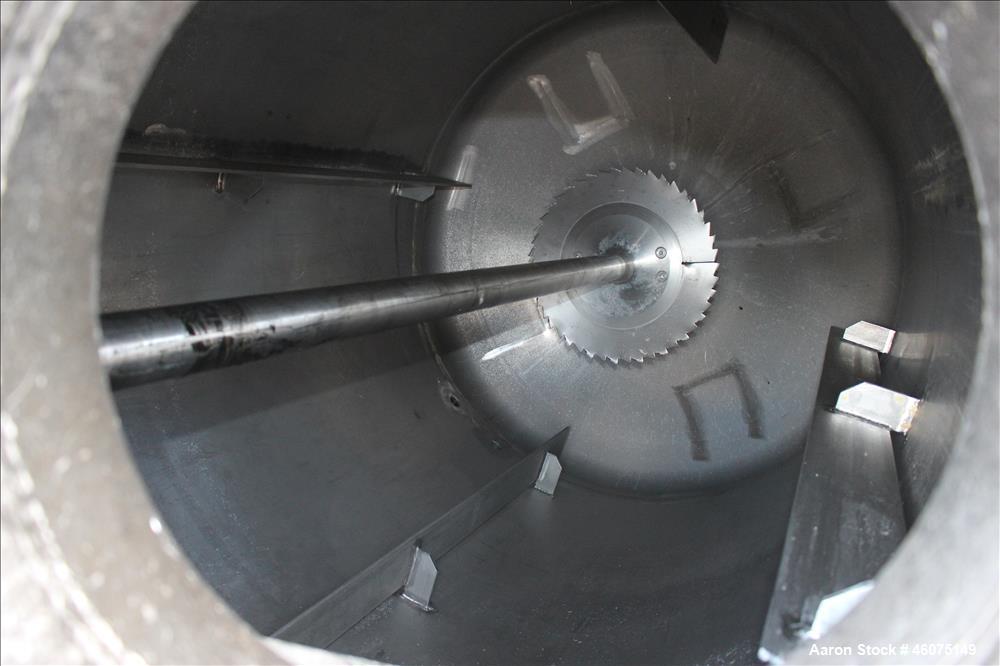 Used Cowles Tank Mounted Dissolver, Model 20 DX. Approximate 2-1/4" diameter stainless steel shaft with a 17" diameter saw tooth blade, driven by a 30hp, 3/60/230/460 volt, 1175 rpm XP motor, serial#...