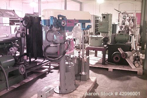 Used Cowles dissolver (mixer), model 410VHV, 10 hp, 550 volts, 60 Hz, 3 phase, 1800 rpm, 10.5 amps, 43" shaft, 7-1/2" diameter on blade, air tank, control panel.