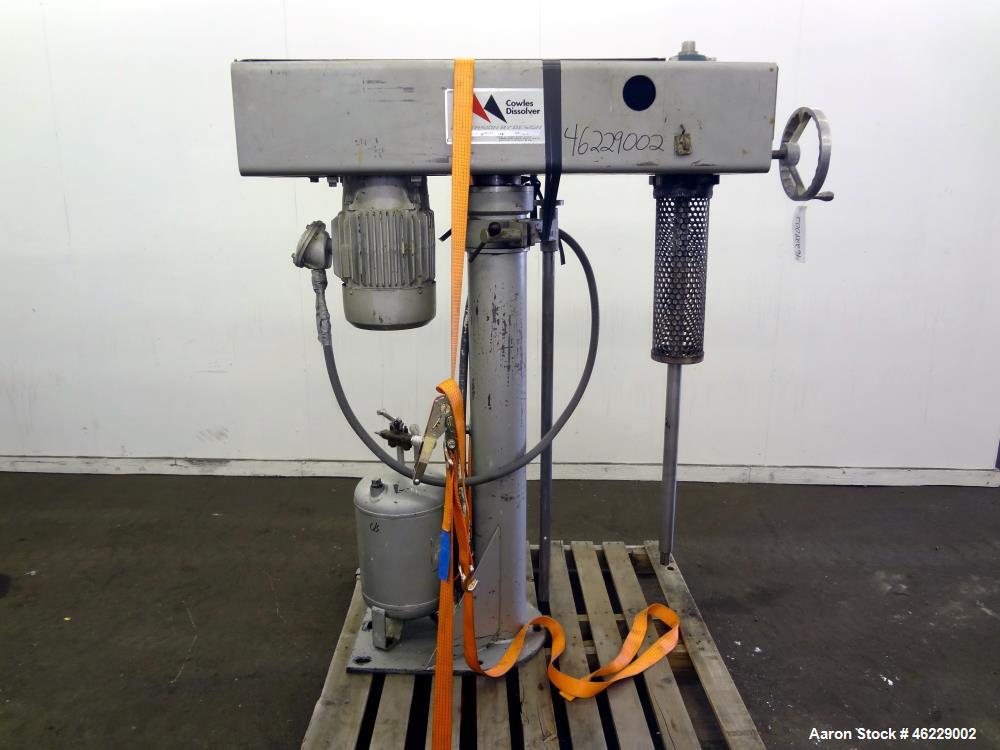 Used Cowles Disperser, Model W-24-1X. 304 Stainless steel shaft 1-3/4" diameter x 46" long (no mixing blade). Driven by 10 hp, 3/60/230/460 volt, 1755 rpm xp motor. Air over oil lift with tank, manua...