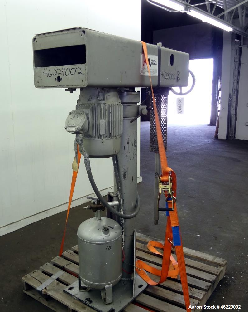 Used Cowles Disperser, Model W-24-1X. 304 Stainless steel shaft 1-3/4" diameter x 46" long (no mixing blade). Driven by 10 hp, 3/60/230/460 volt, 1755 rpm xp motor. Air over oil lift with tank, manua...